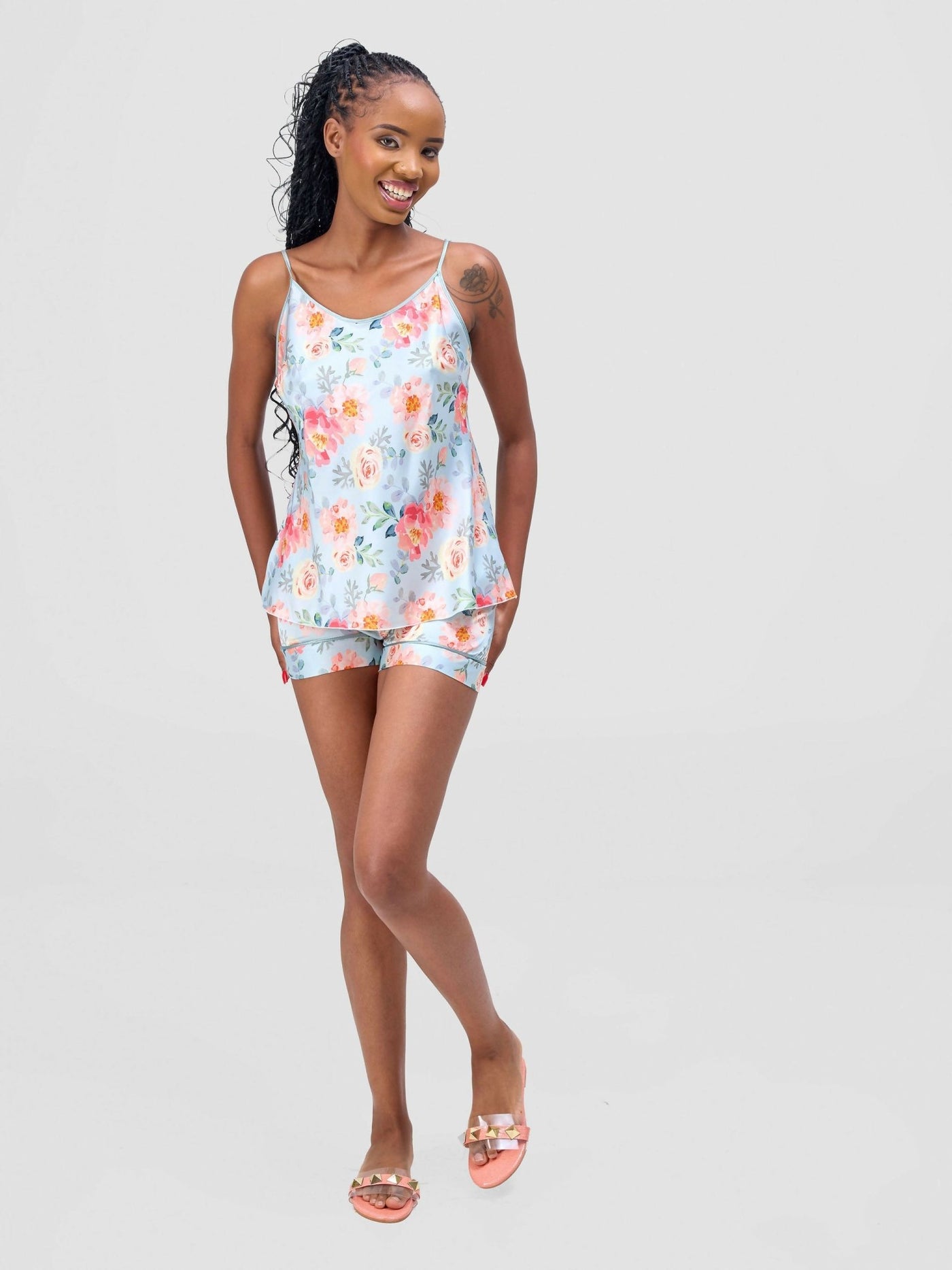 Iristyle Satin Floral Short Set - Floral - Shopzetu