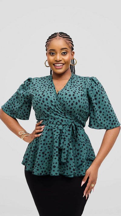 Lizola Laila Wrap Blouse Top - Green / Black - Shopzetu