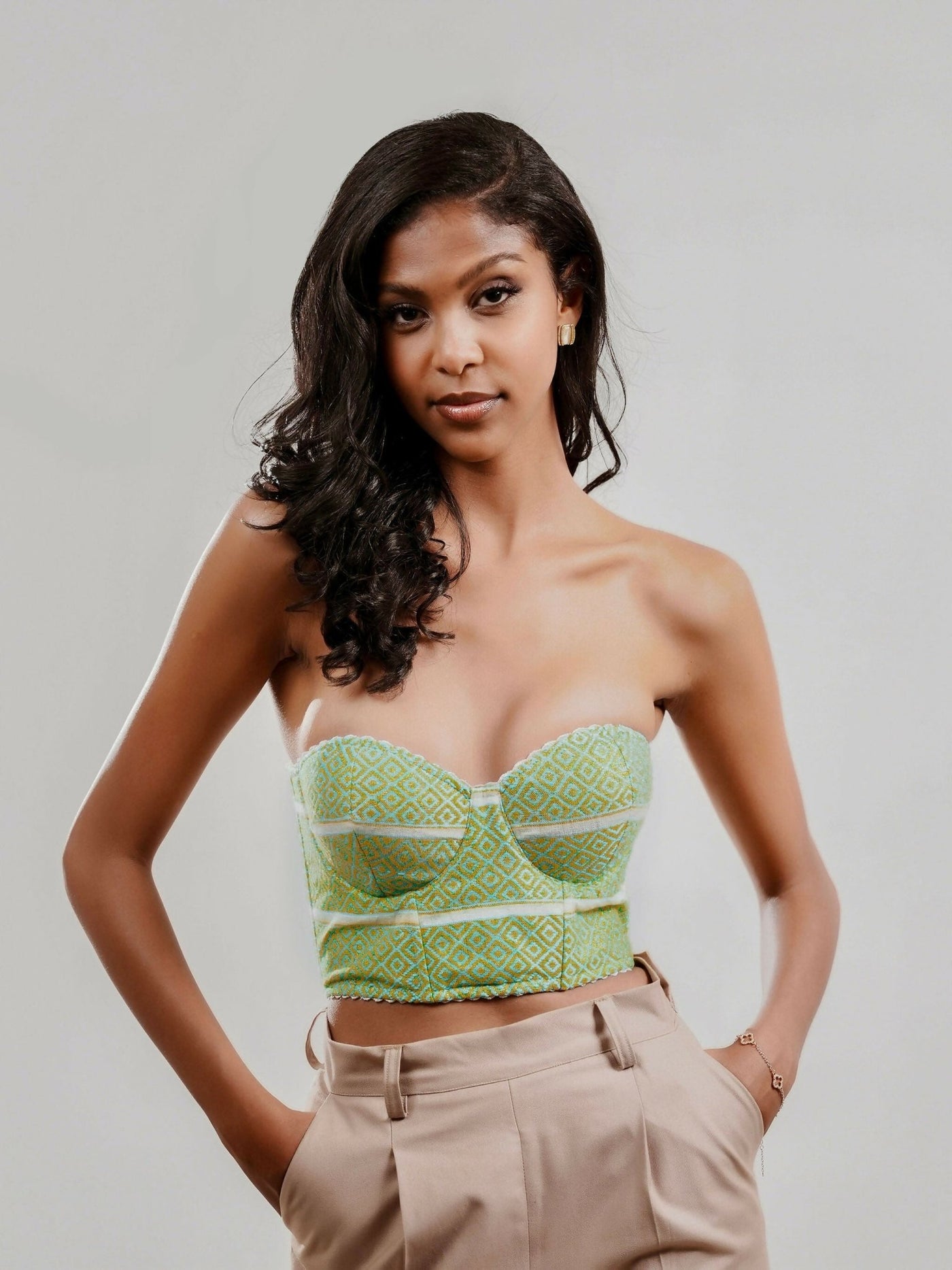 Misstcal Ethiopian Hand Embroidered Bustier Corset Top - Green - Shopzetu