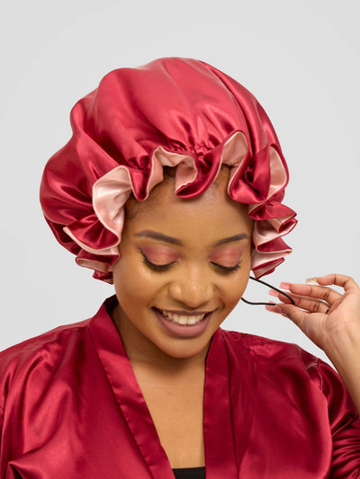 Satin Luxe Ruffle Bonnet - Maroon / Peach - Shopzetu