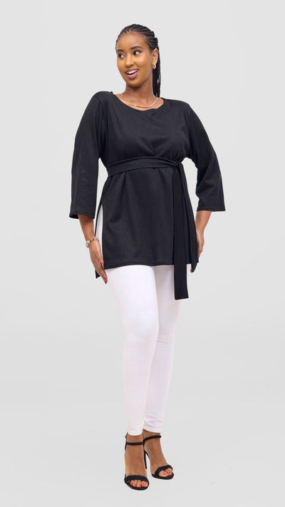 Vivo Rema 3/4 Sleeve Side Slit Tunic Top - Black - Shopzetu