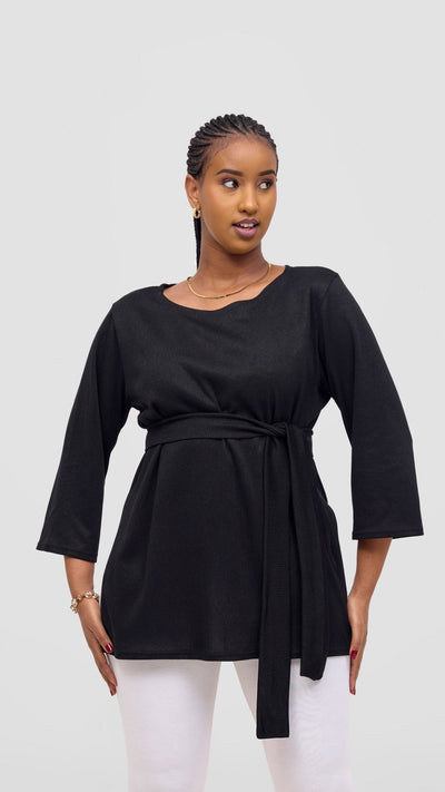 Vivo Rema 3/4 Sleeve Side Slit Tunic Top - Black - Shopzetu