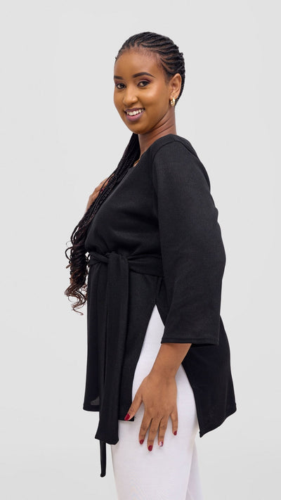 Vivo Rema 3/4 Sleeve Side Slit Tunic Top - Black - Shopzetu