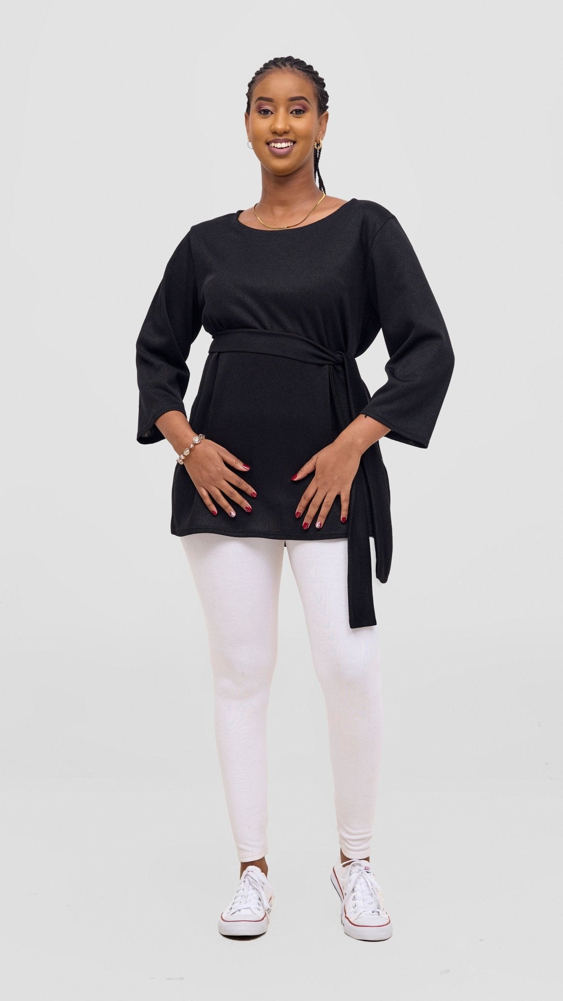 Vivo Rema 3/4 Sleeve Side Slit Tunic Top - Black - Shopzetu