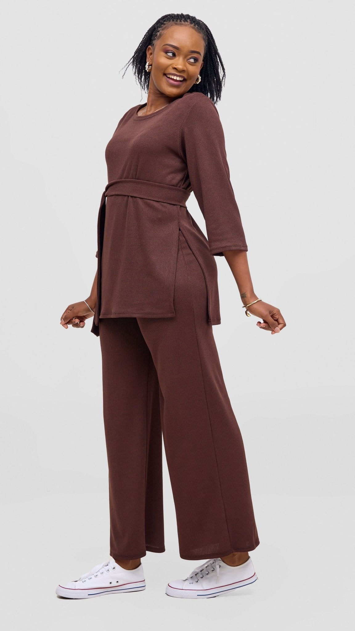 Vivo Rema 3/4 Sleeve Side Slit Tunic Top - Chocolate - Shopzetu