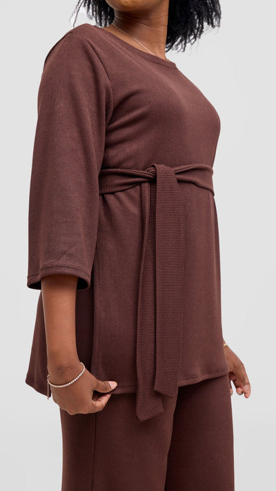 Vivo Rema 3/4 Sleeve Side Slit Tunic Top - Chocolate - Shopzetu