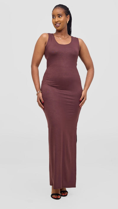 Vivo Ari Sleeveless Straight Maxi Slit Dress - Chocolate Brown - Shopzetu