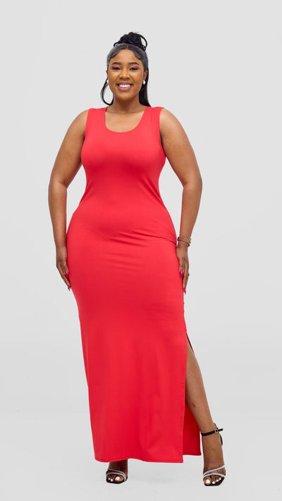 Vivo Ari Sleeveless Straight Maxi Slit Dress - Red - Shopzetu