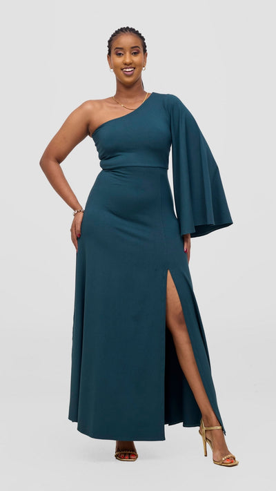 Vivo Ari One Shoulder Maxi Dress - Dark Green - Shopzetu