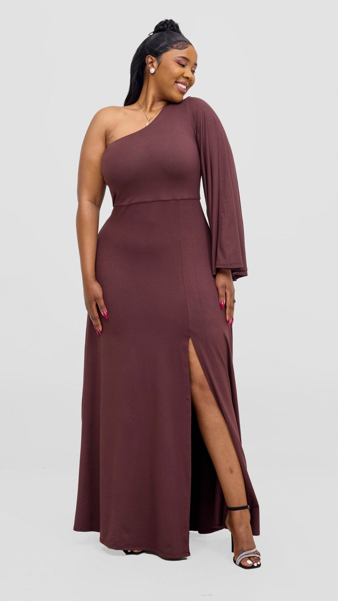 Vivo Ari One Shoulder Maxi Dress - Chocolate Brown - Shopzetu