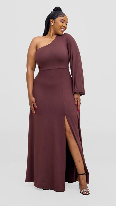 Vivo Ari One Shoulder Maxi Dress - Chocolate Brown - Shopzetu