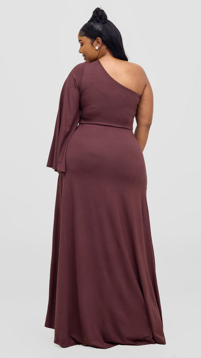 Vivo Ari One Shoulder Maxi Dress - Chocolate Brown - Shopzetu