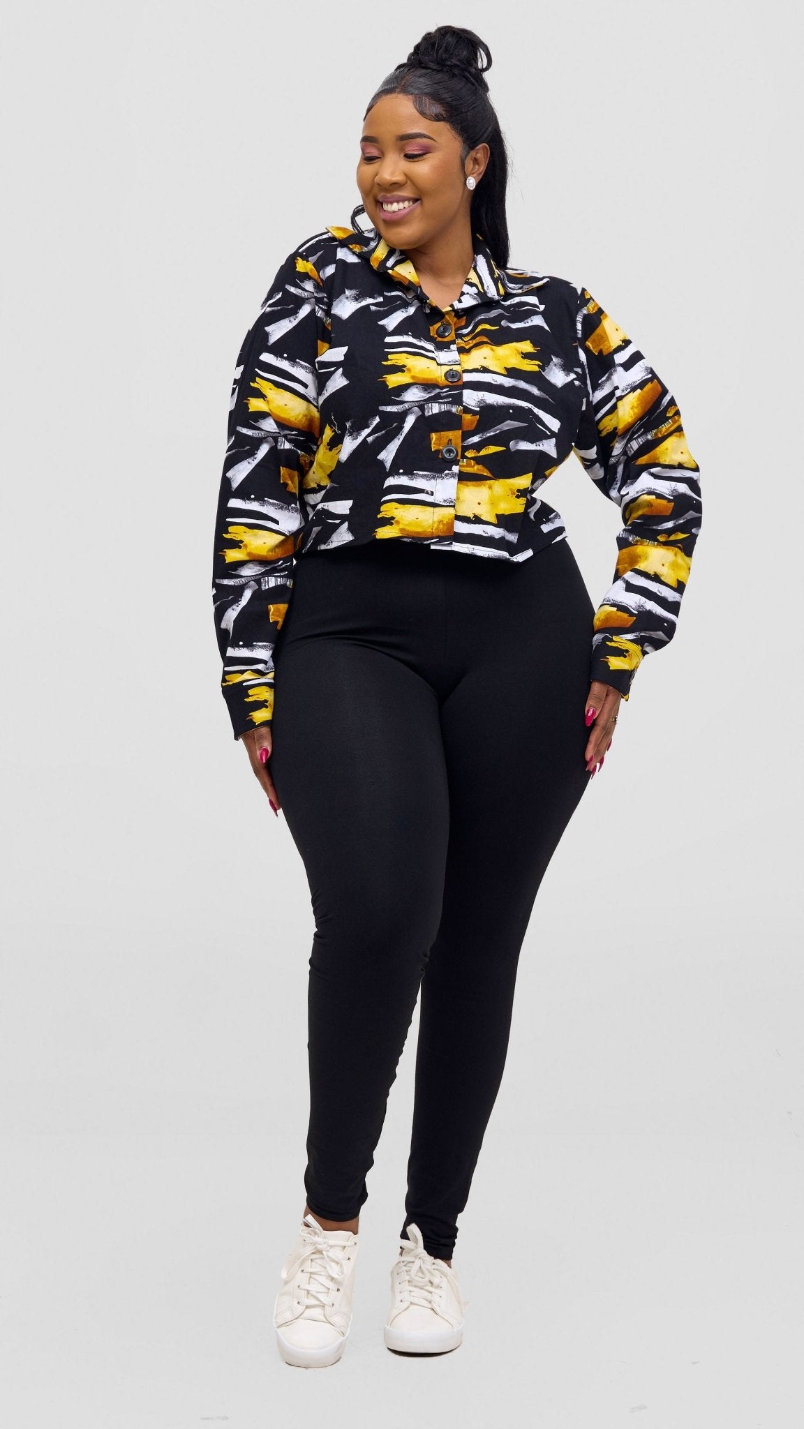 Safari Tara Crop Shacket - Black / Yellow Fali Print - Shopzetu