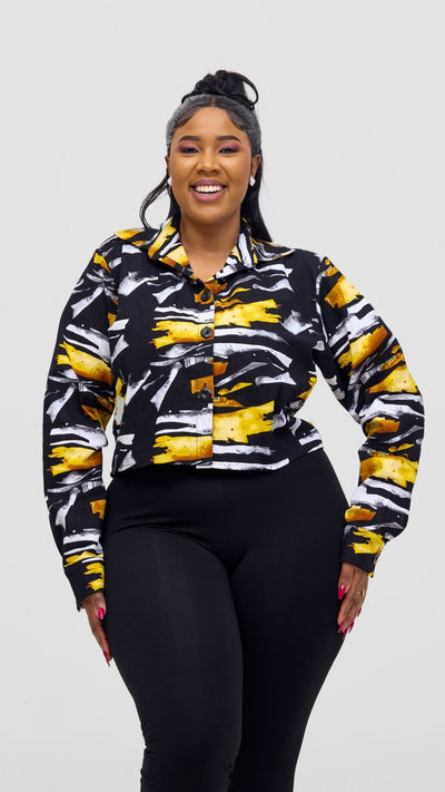 Safari Tara Crop Shacket - Black / Yellow Fali Print - Shopzetu