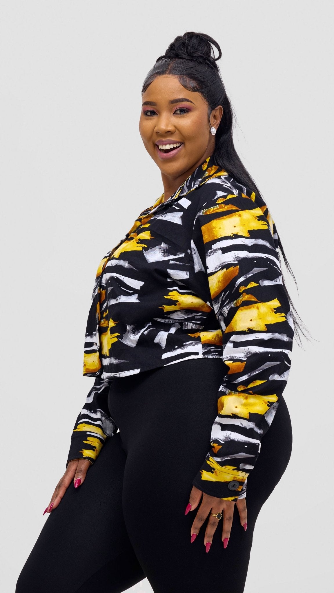 Safari Tara Crop Shacket - Black / Yellow Fali Print - Shopzetu