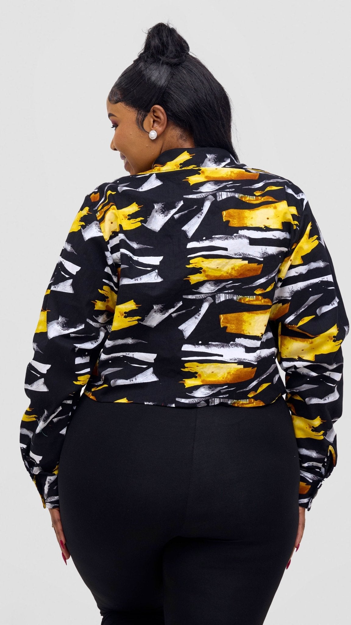 Safari Tara Crop Shacket - Black / Yellow Fali Print - Shopzetu