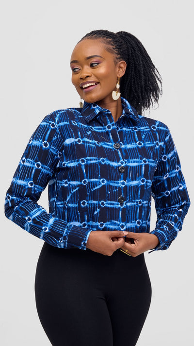 Safari Tara Crop Shacket - Light Blue / Navy Dire Print - Shopzetu