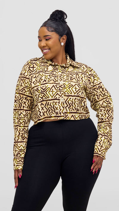 Safari Tara Crop Shacket - Olive / Brown Khoi Print - Shopzetu