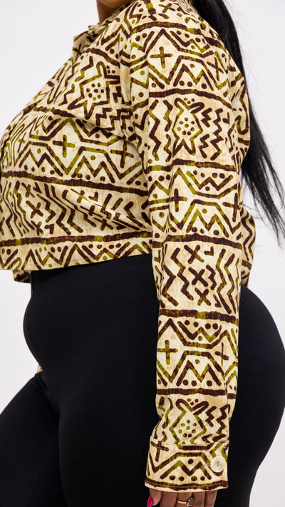 Safari Tara Crop Shacket - Olive / Brown Khoi Print - Shopzetu