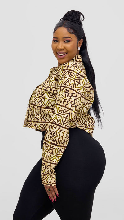 Safari Tara Crop Shacket - Olive / Brown Khoi Print - Shopzetu