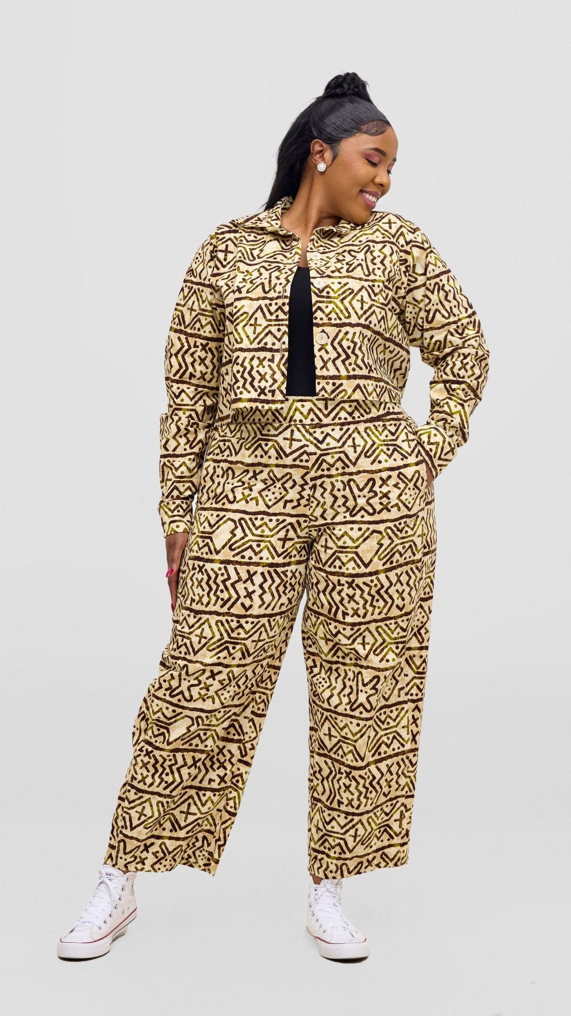 Safari Tara Crop Shacket - Olive / Brown Khoi Print - Shopzetu