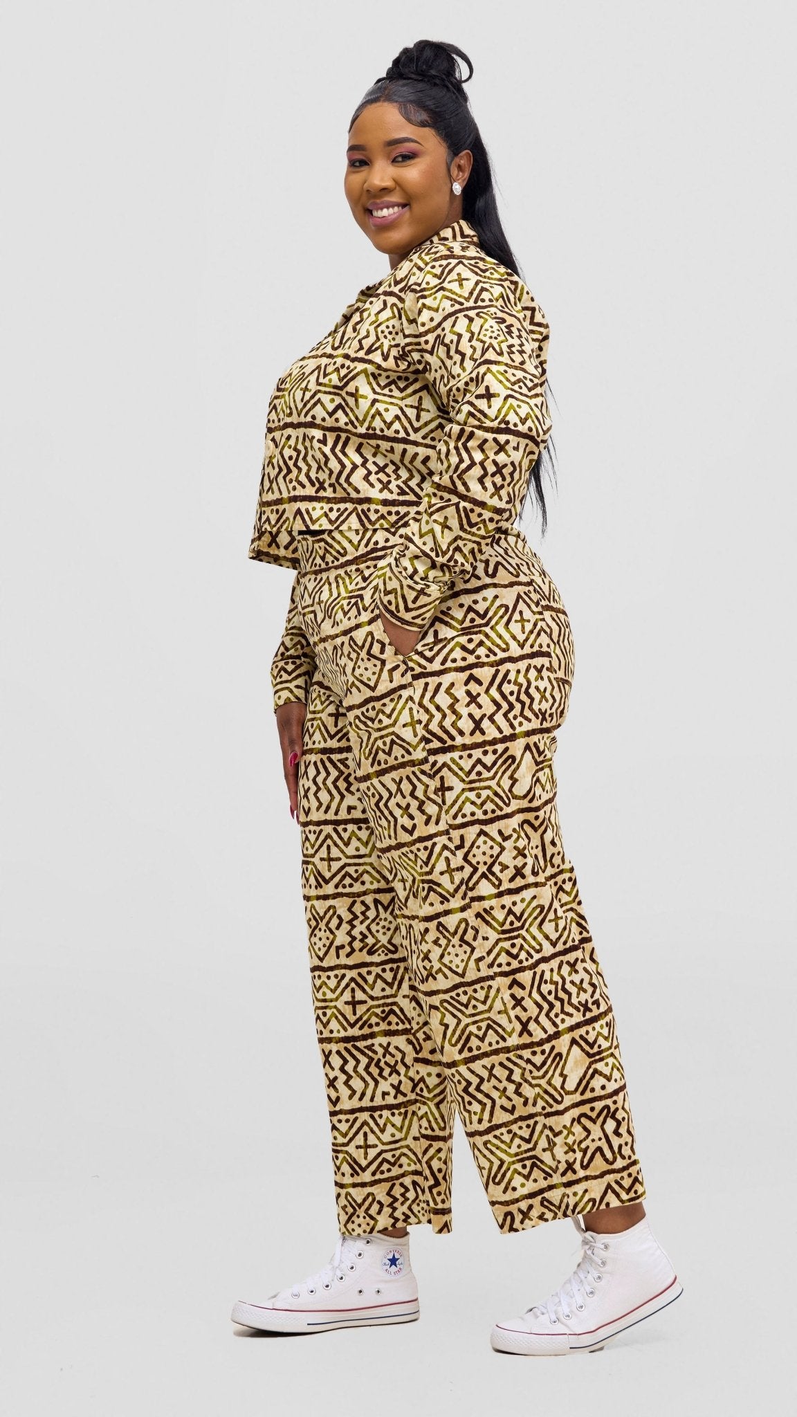 Safari Tara Crop Shacket - Olive / Brown Khoi Print - Shopzetu