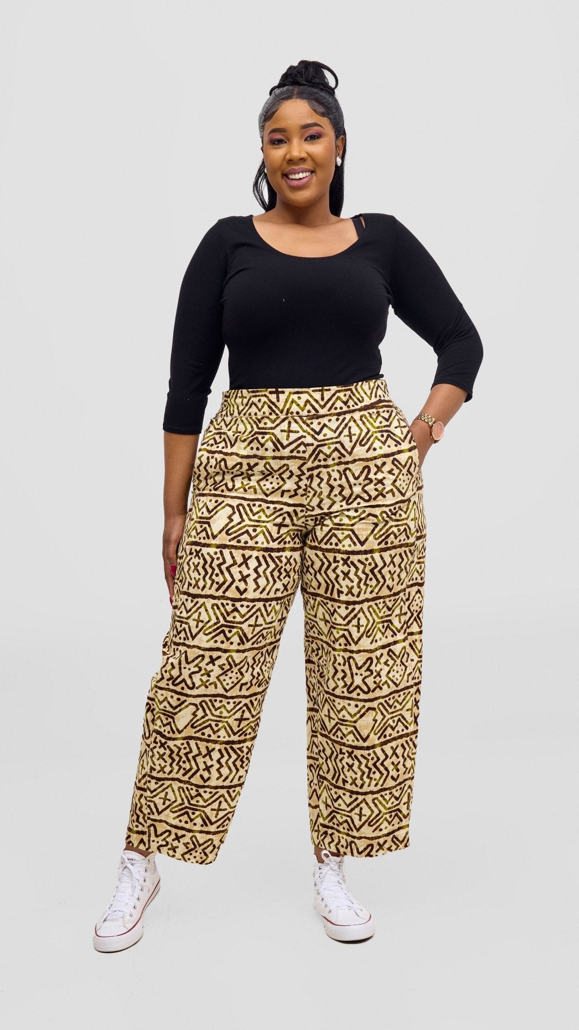 Safari Tara Barell Pants - Olive / Brown Khoi Print - Shopzetu