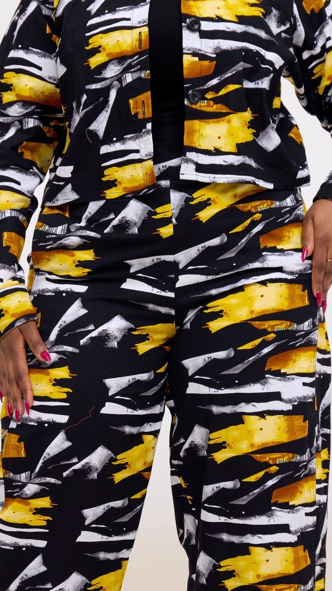 Safari Tara Crop Shacket - Black / Yellow Fali Print - Shopzetu