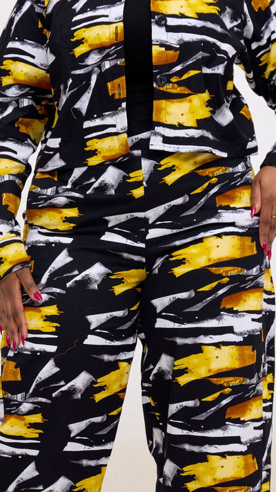 Safari Tara Crop Shacket - Black / Yellow Fali Print - Shopzetu