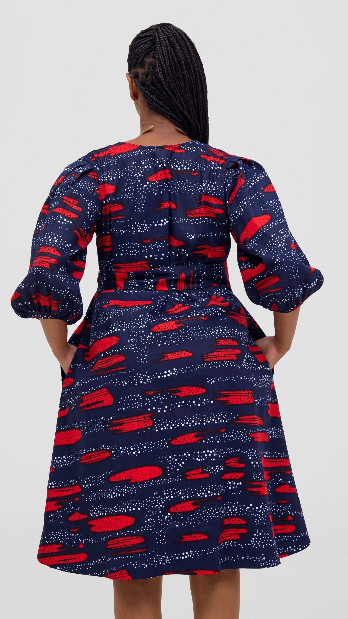 Safari Tara Bishop Sleeve Dress - Navy / Red Maya Print - Shopzetu