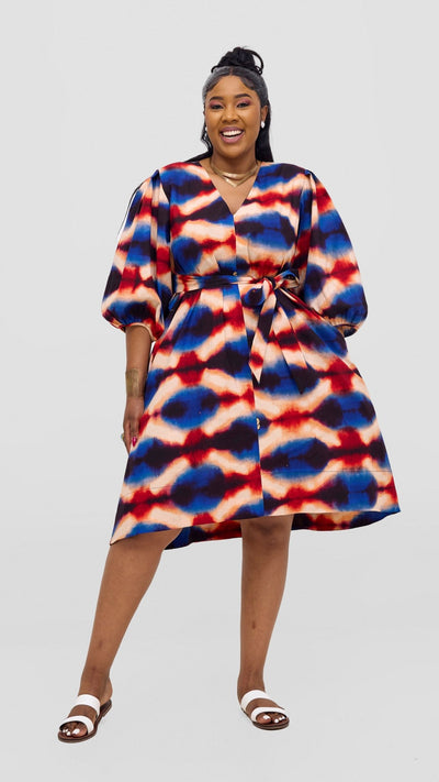 Safari Tara Bishop Sleeve Dress - Peach / Blue Sara Print - Shopzetu