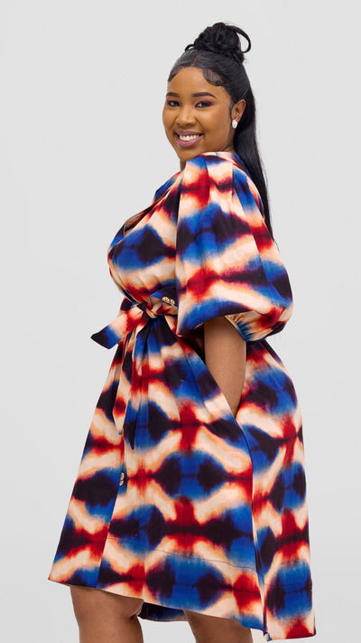 Safari Tara Bishop Sleeve Dress - Peach / Blue Sara Print - Shopzetu