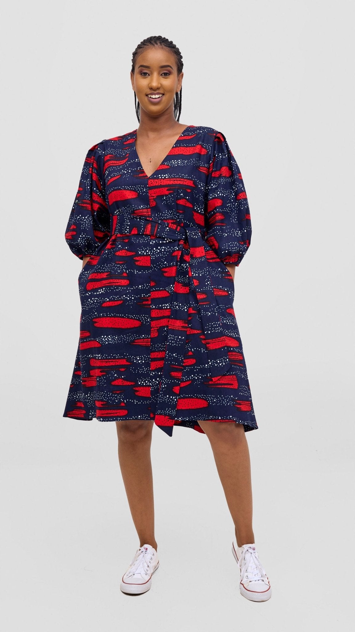 Safari Tara Bishop Sleeve Dress - Navy / Red Maya Print - Shopzetu