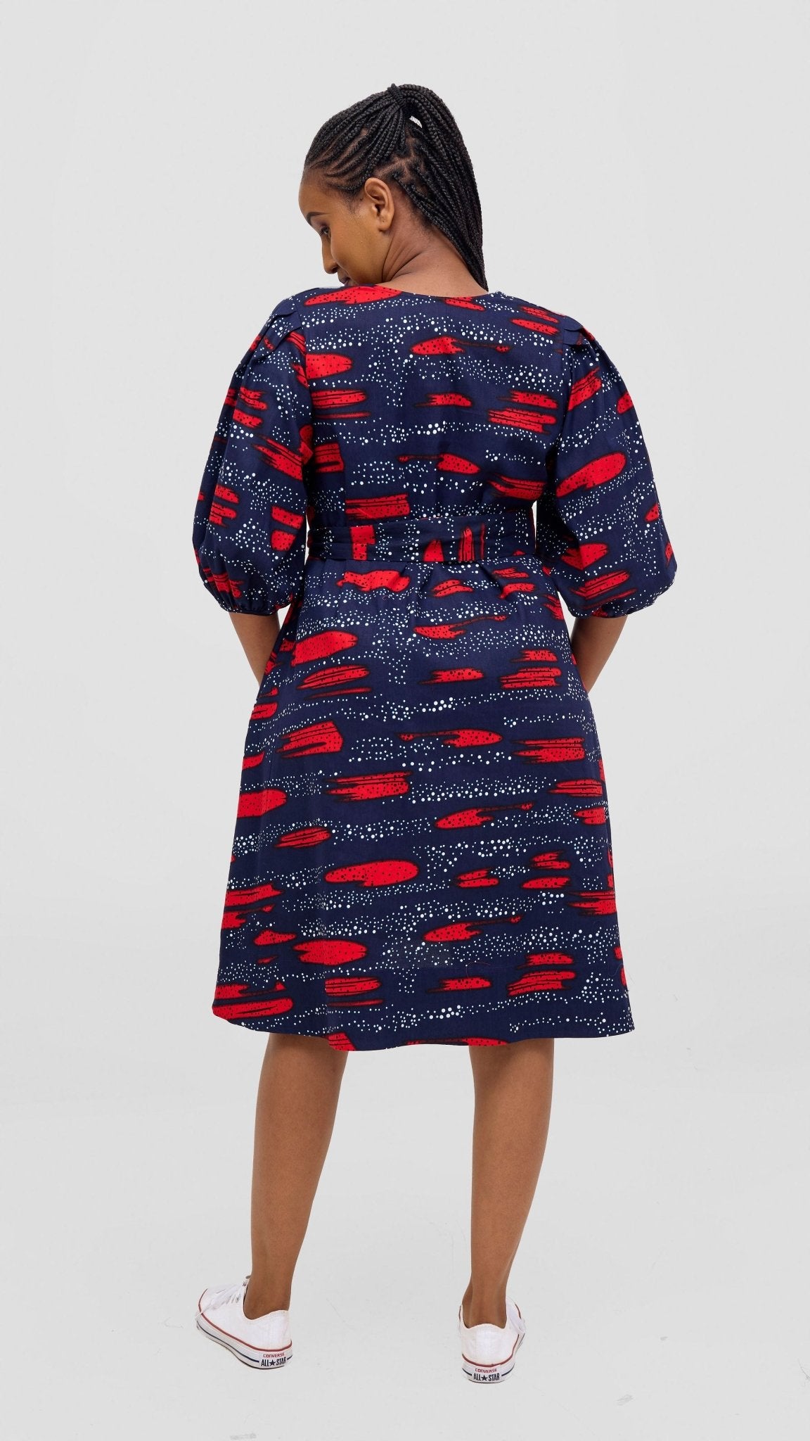 Safari Tara Bishop Sleeve Dress - Navy / Red Maya Print - Shopzetu