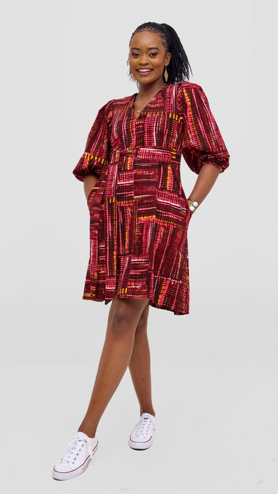 Safari Tara Bishop Sleeve Dress - Maroon / Pink Ara Print - Shopzetu