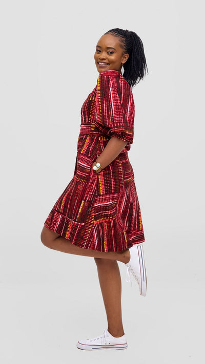 Safari Tara Bishop Sleeve Dress - Maroon / Pink Ara Print - Shopzetu