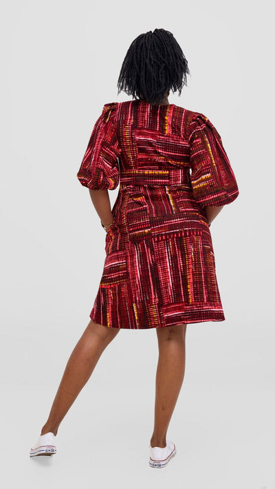 Safari Tara Bishop Sleeve Dress - Maroon / Pink Ara Print - Shopzetu