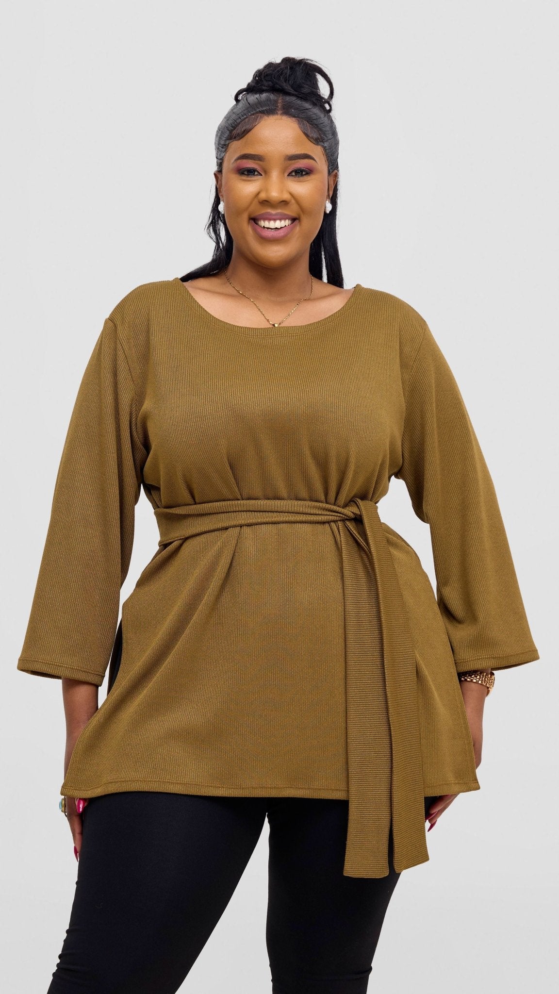 Vivo Rema 3/4 Sleeve Side Slit Tunic Top - Dark Olive - Shopzetu