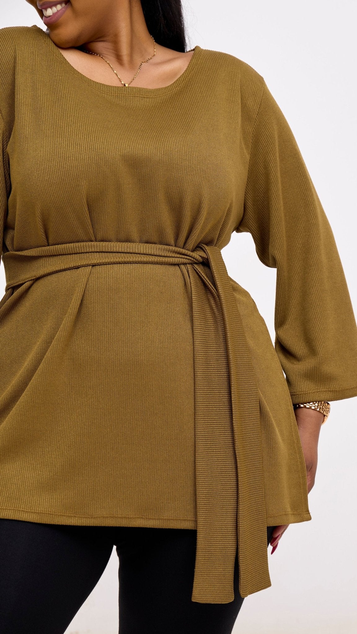 Vivo Rema 3/4 Sleeve Side Slit Tunic Top - Dark Olive - Shopzetu