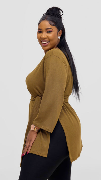 Vivo Rema 3/4 Sleeve Side Slit Tunic Top - Dark Olive - Shopzetu