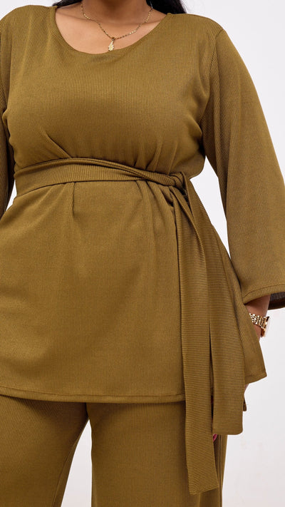 Vivo Rema 3/4 Sleeve Side Slit Tunic Top - Dark Olive - Shopzetu