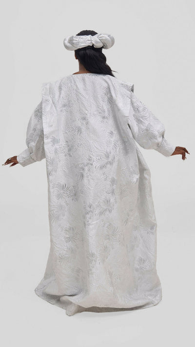 Hats And More Majestic Radiance Kaftan Dress & Matching Headwrap – Silver Print - Shopzetu