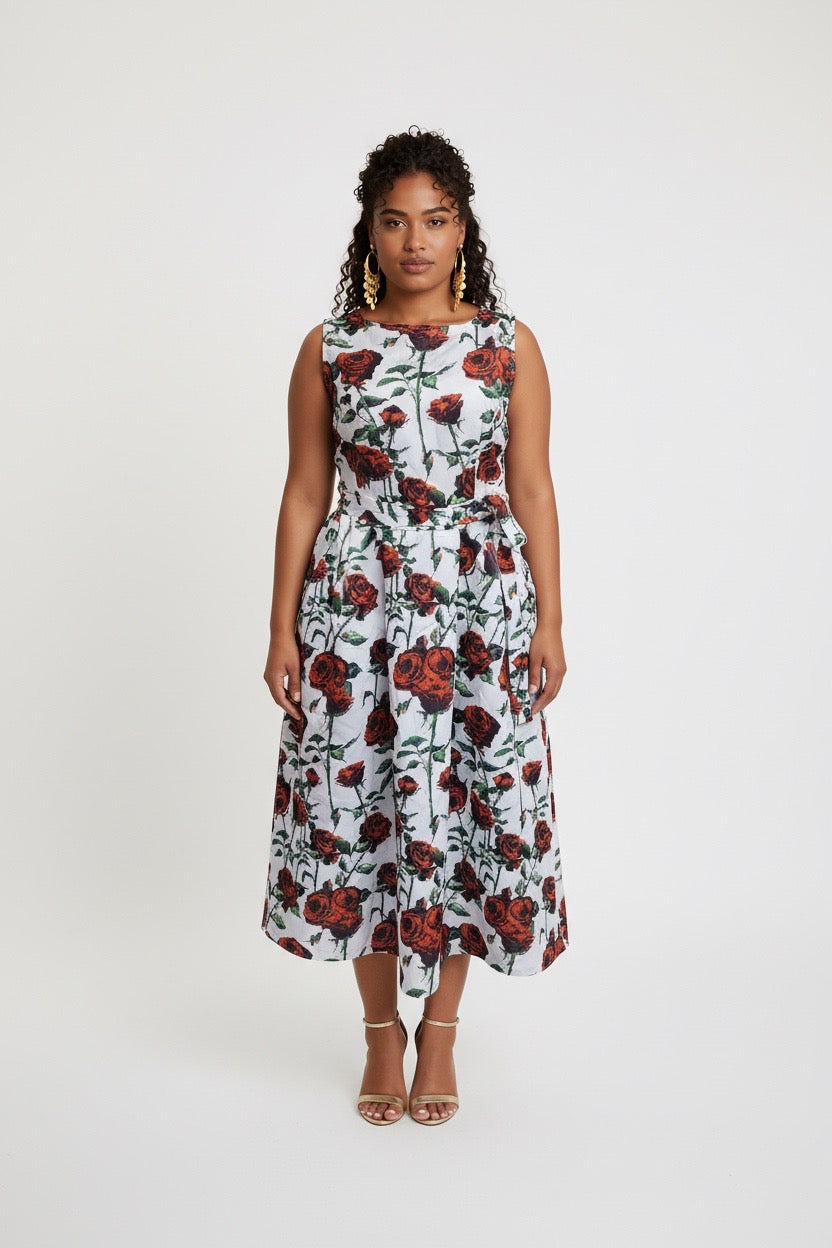 Stylish Sisters Floral Print Fit & Flare Dress- Red & White