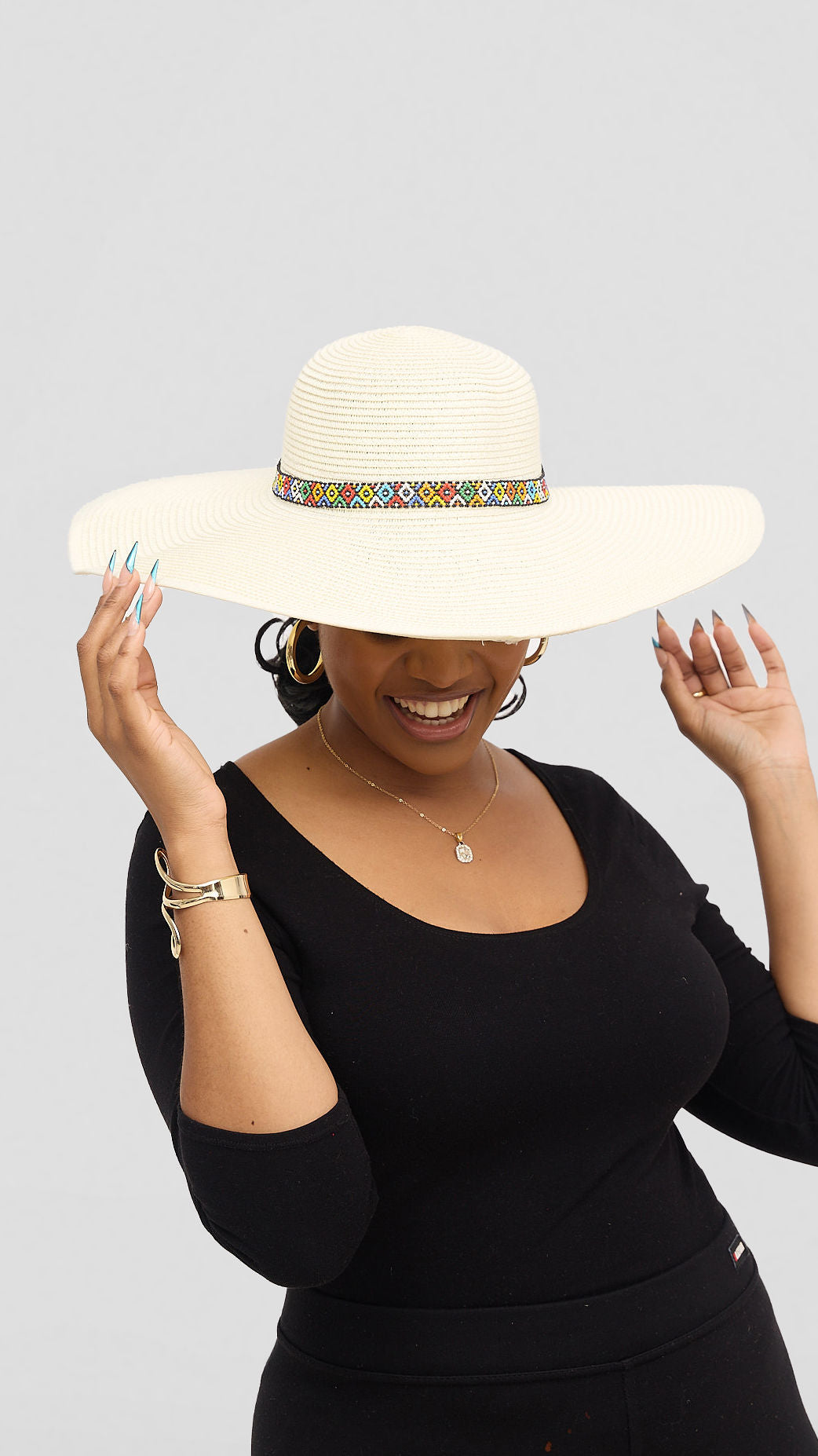 Umbo Collections Wide Brim Straw Sun Boho Style with Decorative Band Hat - Cream