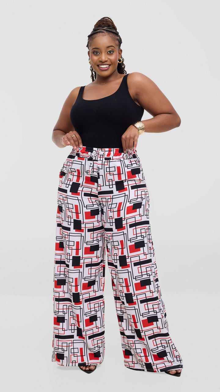TimyT Urban Wear-Classy Palazzo Pant-  Red / Black / White Geometric Print