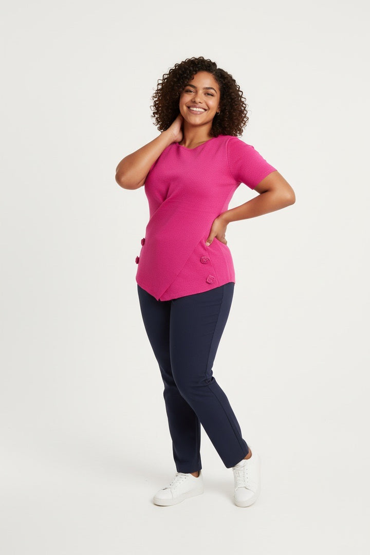 Stylish Sisters  Asymmetrical Floral Detail Knit Top - Hot Pink