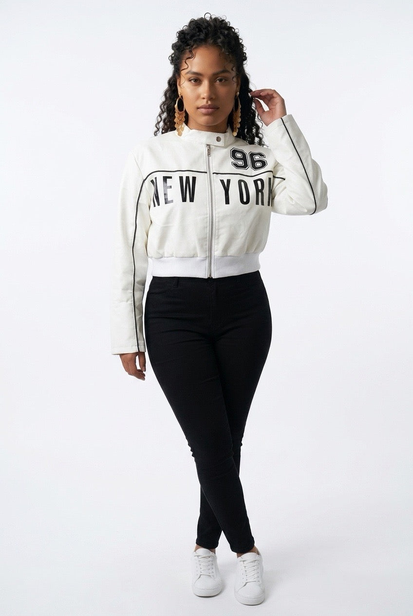 Stylish Sisters Stand Collar Letter Print Cropped Leather Jacket - White