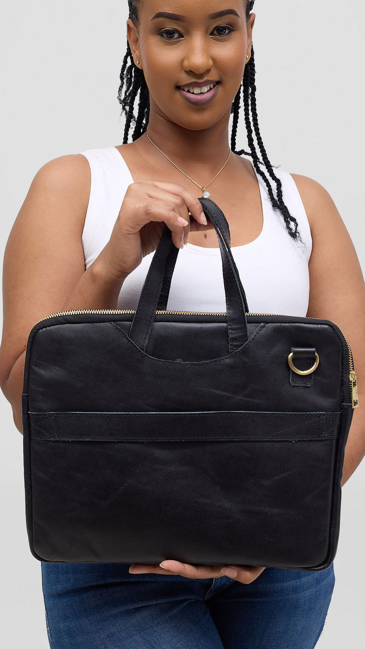 Leather Aura Asili Laptop Bag - Black