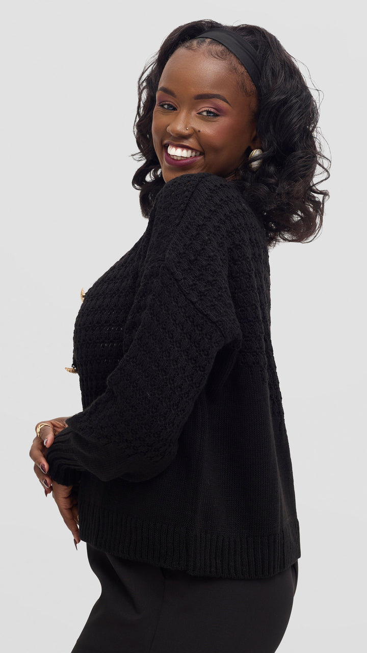 The Fashion Frenzy Gold Button Cardigan - Black