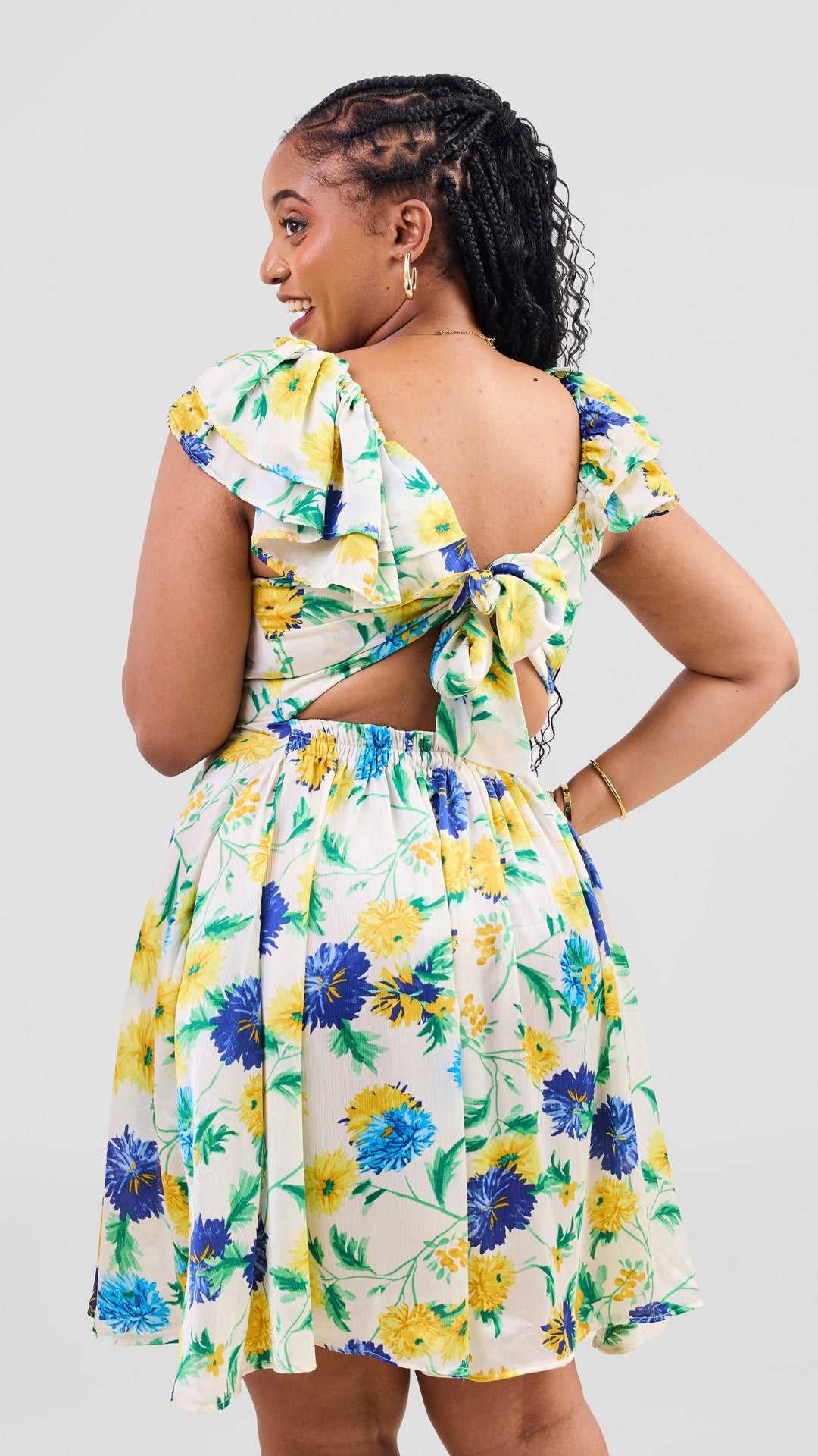 Zambarau Apparel Flowery Dress - Cream / Blue